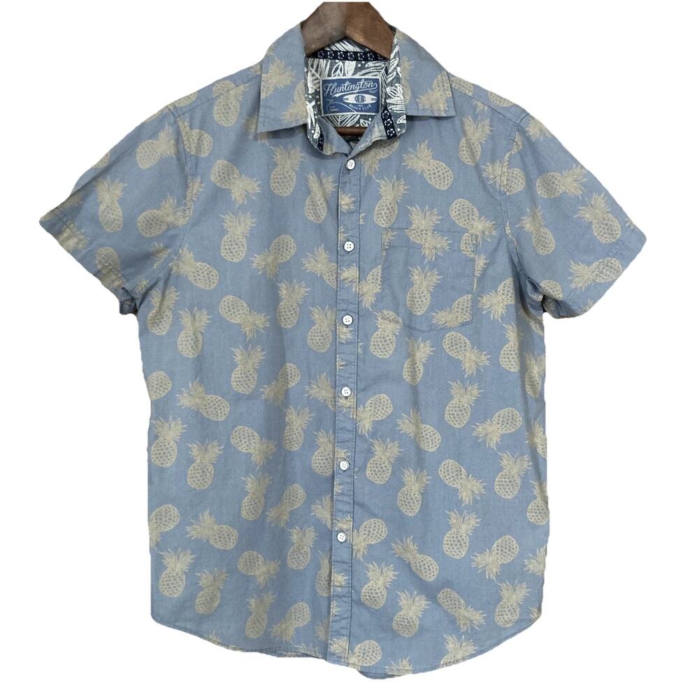 Huntington Beach Club Shirt Hawaiian Floral & Pineapple Button Down Size Small